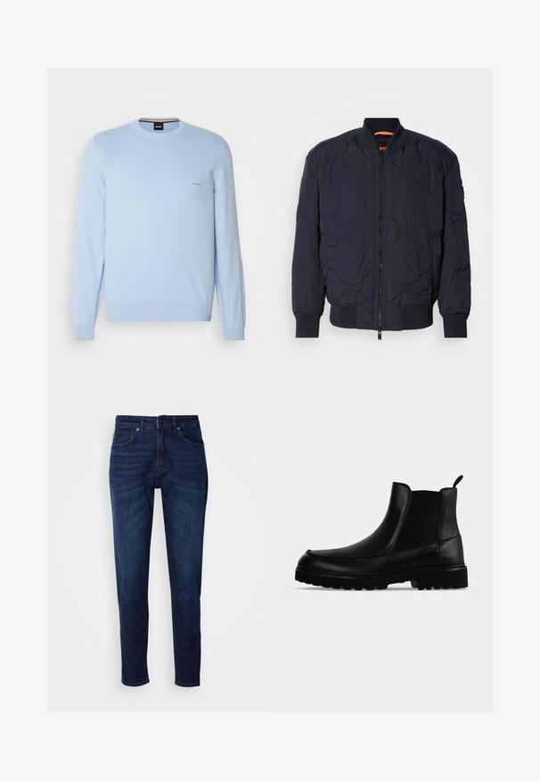 Veste bomber matelassée bleu marine avec col côtelé, fermeture éclair et deux poches latérales. Présente des motifs circulaires texturés sur le tissu.; Pull en tricot bleu clair à manches longues, col rond et poignets côtelés. Dispose d'un logo "BOSS" brodé sur la poitrine.; Jean en denim bleu foncé avec une coupe droite, comportant des poches et une fermeture à bouton à la taille. Texture douce, détails de décoloration minimes.; Bottine noire en cuir avec semelle texturée, panneaux latéraux élastiques et languette de tirage sur fond gris clair.