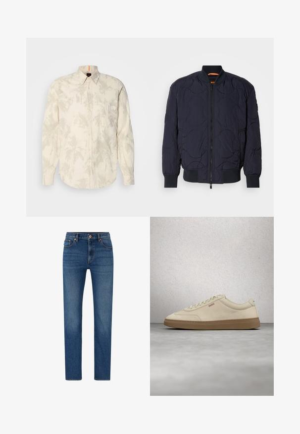 Marineblaue, gesteppte Bomberjacke mit geripptem Kragen, Reißverschluss und zwei Seitentaschen. Besitzt strukturierte, kreisförmige Muster auf dem Stoff.; Hellbeige Hemd mit Knopfleiste und Palmenblattmuster, langen Ärmeln, einer Brusttasche und abgerundetem Saum. Hergestellt aus weichem Stoff mit glatter Textur.; Blaue Jeans aus Denim mit geradem Bein, ausgestattet mit einem Knopfverschluss, fünf Taschen und subtilen Ausbleichungen auf dem Stoff.; Hellbeiger Wildledersneaker mit Gummisohle, auffälligen Schnürsenkeln und dezenten Nahtdetails. Sauberes Design mit minimalistischem Ästhetik.