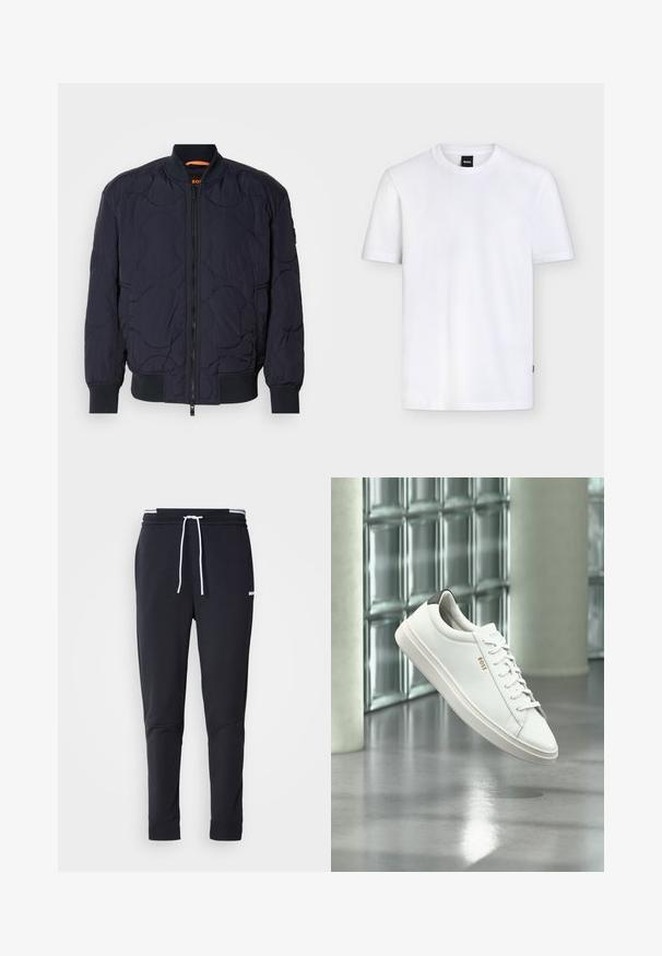 Marineblaue, gesteppte Bomberjacke mit geripptem Kragen, Reißverschluss und zwei Seitentaschen. Besitzt strukturierte, kreisförmige Muster auf dem Stoff.; Schlichtes weißes T-Shirt mit kurzen Ärmeln und Rundhalsausschnitt, mit einem kleinen schwarzen Markenetikett am Kragen und dezenter Stoffstruktur.; Schwarze Slim-Fit-Jogginghose mit weißem Kordelzug, elastischem Bund mit weißen Streifen und kleinem weißen Logo am oberen Oberschenkel.; Weißer Leder-Low-Top-Sneaker mit Schnürsenkeln, schwarzer Fersenschlaufe und „BOSS“-Logo, der drinnen nahe einer Glassteinwand und einem polierten Boden schwebt.