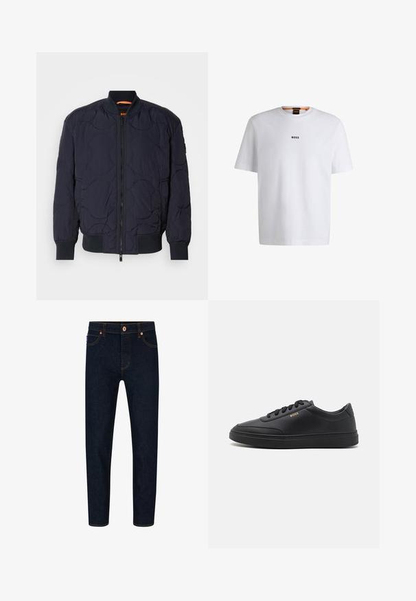 Marineblå quilted bomberjakke med ribbet krave, lynlåslukning og to sidelommer. Har strukturerede, cirkulære mønstre på stoffet.; Hvid bomuld T-shirt med korte ærmer, med et sort "BOSS" logo centreret på brystet og en rund halsudskæring.; Mørkeblå denimjeans med slim fit, kontrasterende orange syninger og klassisk knaplukning. Har forlommer og smalle ben.; Sorte lædersneakers med en glat overflade, rund tå, flad gummisål og tonede snørebånd. Udstyret med guld "BOSS" branding på siden.