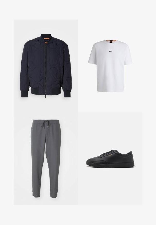 Marineblå quilted bomberjakke med ribbet krave, lynlåslukning og to sidelommer. Har strukturerede, cirkulære mønstre på stoffet.; Hvid bomuld T-shirt med korte ærmer, med et sort "BOSS" logo centreret på brystet og en rund halsudskæring.; Grå joggebukser lavet af glat stof, med elastisk talje og snøre, tætsiddende ben og sidelommer.; Sorte lædersneakers med en glat overflade, rund tå, flad gummisål og tonede snørebånd. Udstyret med guld "BOSS" branding på siden.