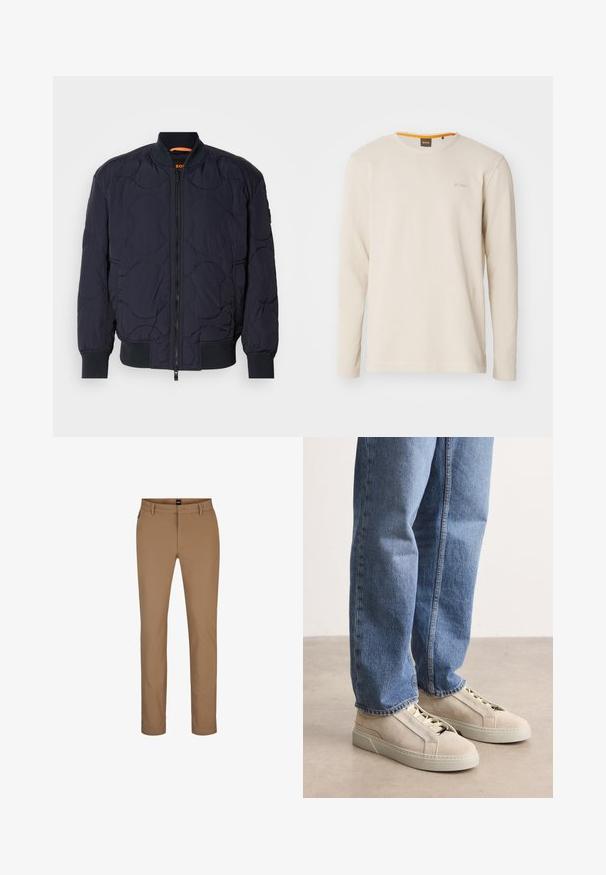 Marineblå quilted bomberjakke med ribbet krave, lynlåslukning og to sidelommer. Har strukturerede, cirkulære mønstre på stoffet.; Lys beige langærmet t-shirt lavet af struktureret stof. Har en rund hals og et lille logo på brystet med en orange detalje indeni kraven.; Lysebrune bukser lavet af en bomuldsblanding med lige ben, forlommer og lynlås. Minimal hardware og ingen synlige mønstre.; BOSS GARYTENN_SDHDEL - Sneakers - natural ten