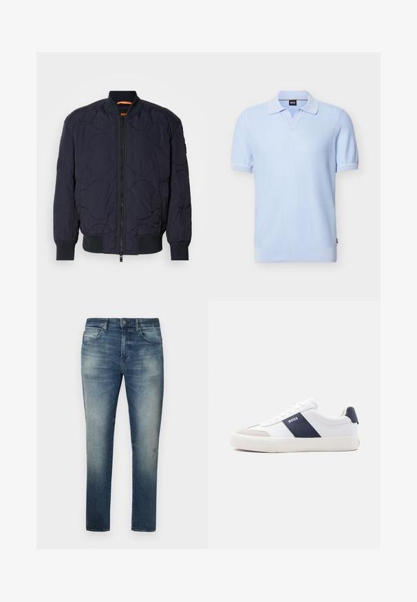 Marineblaue, gesteppte Bomberjacke mit geripptem Kragen, Reißverschluss und zwei Seitentaschen. Besitzt strukturierte, kreisförmige Muster auf dem Stoff.; Hellblaues Polohemd mit kurzen Ärmeln, geripptem Saum und Bündchen, weichem Kragen und einem schwarzen "BOSS"-Label im Halsausschnitt.; Blaue Denim-Jeans mit einem verblassten Design, geradem Beinschnitt, fünf Taschen und einem kleinen Logodetail am Bund, ausgestattet mit einem Knopfverschluss.; Weißer Sneaker mit niedrigem Schaft, marineblauem Seitenstreifen, "BOSS" Logo, beiger Zehenkappe und weißer Sohle, seitlich auf hellem Hintergrund gezeigt.