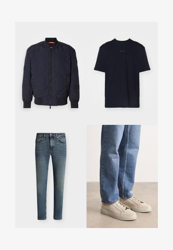 Marineblaue, gesteppte Bomberjacke mit geripptem Kragen, Reißverschluss und zwei Seitentaschen. Besitzt strukturierte, kreisförmige Muster auf dem Stoff.; Marineblaue Baumwoll-T-Shirt mit kurzen Ärmeln und rundem Ausschnitt, mit einem grauen "BOSS"-Logo in der Mitte der Brust.; Blau ausgewaschene Slim-Fit-Jeans mit fünf Taschen und Knopf- und Reißverschluss auf einfarbigem Hintergrund.; BOSS GARYTENN_SDHDEL - Sneaker low - natural ten