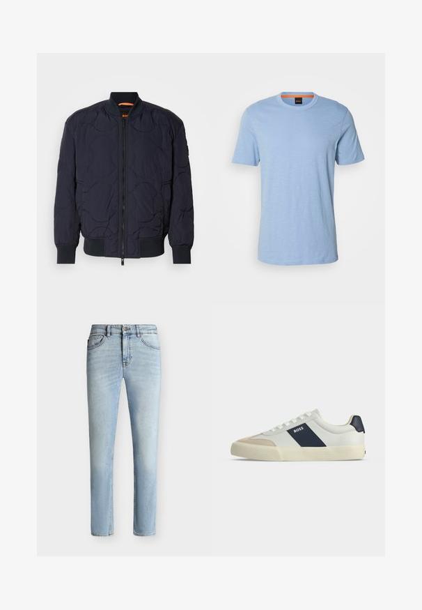 Marineblaue, gesteppte Bomberjacke mit geripptem Kragen, Reißverschluss und zwei Seitentaschen. Besitzt strukturierte, kreisförmige Muster auf dem Stoff.; Hellblaues T-Shirt mit kurzen Ärmeln aus weichem Material. Es verfügt über einen Rundhalsausschnitt und ein dezentes, eingeprägtes Logo auf der Brust.; Hellblaue Slim-Fit-Jeans aus Denim mit vorne Knopf und Reißverschluss, Fünf-Taschen-Design und subtiler Verblassung vom Oberschenkel bis zum Knie.; Weißer Sneaker mit niedrigem Schaft, beiger Zehenkappe, dunkelblauem Seitenstreifen mit dem Schriftzug BOSS, weißen Schnürsenkeln und Gummisohle auf neutralem Hintergrund.