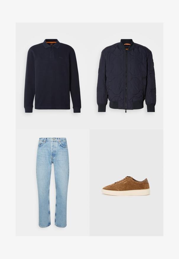 Veste bomber matelassée bleu marine avec col côtelé, fermeture éclair et deux poches latérales. Présente des motifs circulaires texturés sur le tissu.; Polo shirt à manches longues bleu marine en tissu texturé avec une ouverture pour le col boutonnée. Présente un petit logo brodé sur la poitrine.; Jean en denim bleu clair avec une coupe droite, taille haute, design à cinq poches et détails de couture visibles sur les coutures et les ourlets.; Baskets en daim marron avec bout rond, semelle en caoutchouc crème et lacets ton sur ton. Présentent un logo en relief sur le côté et un panneau arrière lisse.