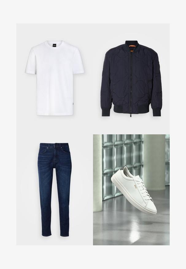 Marineblå quilted bomberjakke med ribbet krave, lynlåslukning og to sidelommer. Har strukturerede, cirkulære mønstre på stoffet.; Enkelt hvid T-shirt med korte ærmer og rund halsudskæring, med et lille sort mærke ved kraven og subtil tekstur i stoffet.; Mørkeblå denimbukser med lige ben, der har lommer og knaplukning i taljen. Blød tekstur, minimal falming.; Hvid læder lav-top sneaker med snørebånd, sort hælflig og "BOSS"-logo, svævende indendørs nær glasblok væg og poleret gulv.