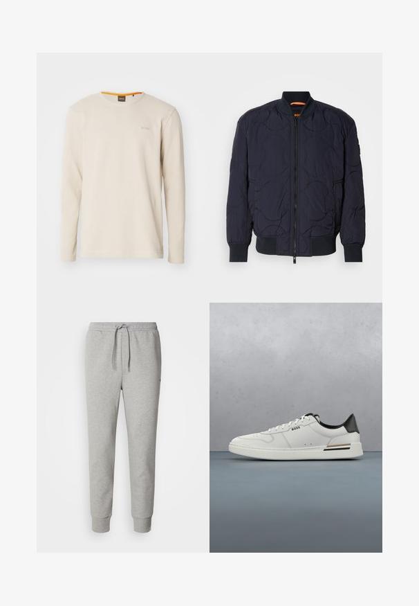 Námorná prešívaná bomber bunda s rebrovaným golierom, zipsovým uzatváraním a dvoma bočnými vreckami. Obsahuje textúrové, kruhové vzory na materiály.; Svetlo béžové tričko s dlhým rukávom vyrobené z textúrovanej tkaniny. Má okrúhly výstrih a malé logo na hrudi s oranžovým akcentom vo vnútri goliera.; Sivé teplákové nohavice z mäkkého materiálu. Majú elastický pás so sťahovacou šnúrkou, rebrované manžety a strih s rovnými nohavicami. Žiadne viditeľné vzory ani logá.; Biele nízke tenisky s čiernou pätou, viazaním, jemnými perforáciami a logom "BOSS" na boku, zobrazené z vonkajšieho profilu.