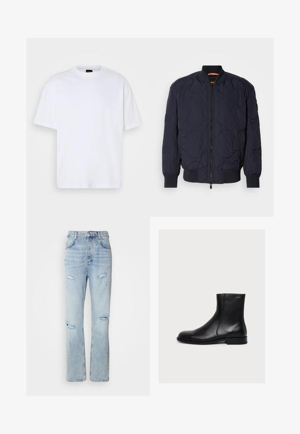 Marineblå quilted bomberjakke med ribbet krave, lynlåslukning og to sidelommer. Har strukturerede, cirkulære mønstre på stoffet.; Hvid bomulds T-shirt med rund hals, korte ærmer og en afslappet pasform. Har strukturerede skuldersømme for ekstra detaljer.; Lysvaskede denimjeans med en afslappet pasform, der har slidte områder og frynsede kanter. Stoffet har en blød, glat tekstur.; Sort glat læderankelstøvle med lav hæl og sidelukning med lynlås, mærket Hugo nær den øverste kant.