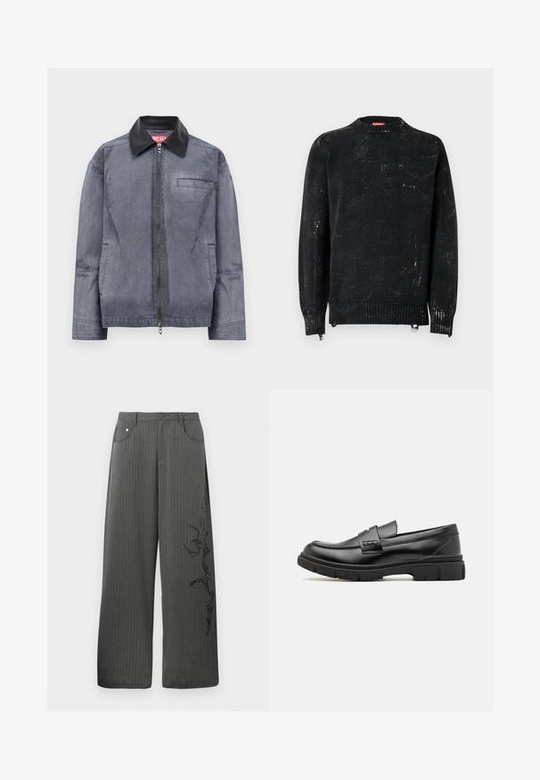 Grijze zip-up jas met zwarte leren kraag, twee zijzakken en een borstzak, gelabeld met een rode Diesel-tag in de kraag.; Zwarte gebreide trui met een ronde hals, geribbelde manchetten en zoom. Heeft een verweerde textuur met lichtere markeringen. Zijritsen voor aanpassing.; Brede, gestreepte broek in donkergrijs stof, met voorzakken en een zwarte decoratieve print aan de linkerkant.; Zwarte leren instapper met een brede band over de voet, rubberen zool met dikke noppen en een gladde textuur. Klassiek, strak ontwerp.