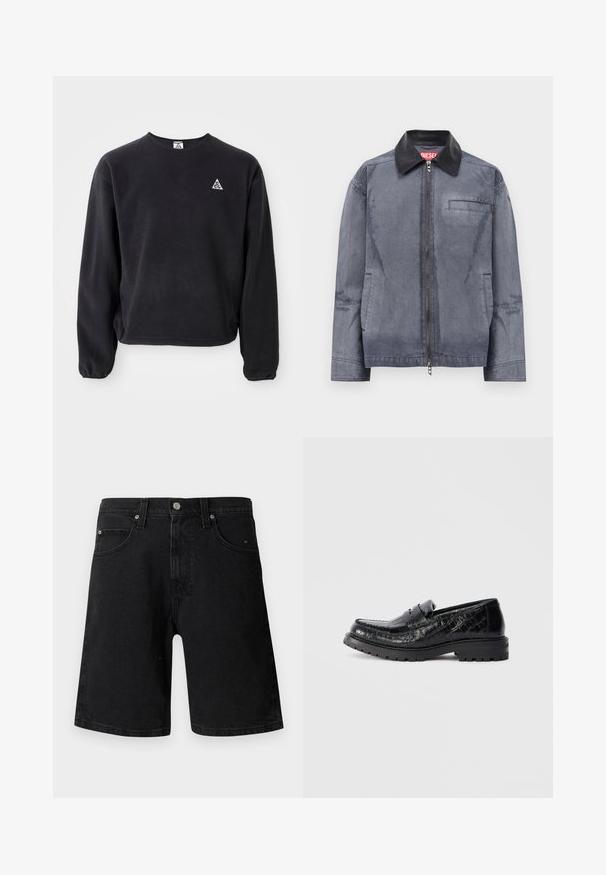 Veste zippée grise avec col en cuir noir, deux poches latérales et une poche poitrine, étiquetée d'une étiquette rouge Diesel à l'intérieur du col.; Sweatshirt noir à manches longues, col rond et poignets élastiques. Présente un petit logo triangulaire blanc sur la poitrine gauche. Texture douce.; Shorts en denim noir avec bouton à l'avant, fermeture éclair, passants pour ceinture et design à cinq poches, présentés sur un fond blanc uni.; Mocassin en cuir texturé crocodile noir avec semelle épaisse et bandeau sur le dessus, vue de côté, isolé sur fond gris clair.