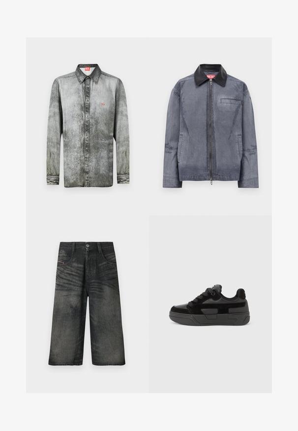 Grå zip-jakke med sort læderkrave, to sidelommer og en brystlomme, mærket med et rødt Diesel-tag indeni kraven.; Langærmet skjorte i falmet grå denim med button-down krave, som har et lille rødt logo på brystet og struktureret stof.; Sorte cowboyshorts med brede ben, foran knap, lynlås, bærestropper og detaljer med falmet tekstur.; Sort sneakersko med en kombination af glatte og teksturerede materialer, med rundet snude, tyk sål og snørelukning. Minimalistisk design med accenter.