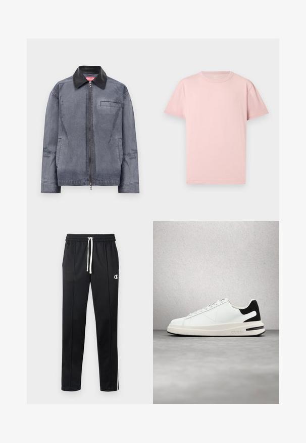 Grå zip-jakke med sort læderkrave, to sidelommer og en brystlomme, mærket med et rødt Diesel-tag indeni kraven.; Kortærmet T-shirt med rund hals i ensfarvet lyserød med et simpelt, klassisk snit vist på en ensfarvet baggrund.; Sorte atletiske bukser med hvid snor, sidelister, frontlommer og et lille hvidt Champion-logo på venstre lår.; Hvide lædersneakers med sorte detaljer, flad snørelukning og struktureret sål. Har "GUESS" logo på siden og tungen.