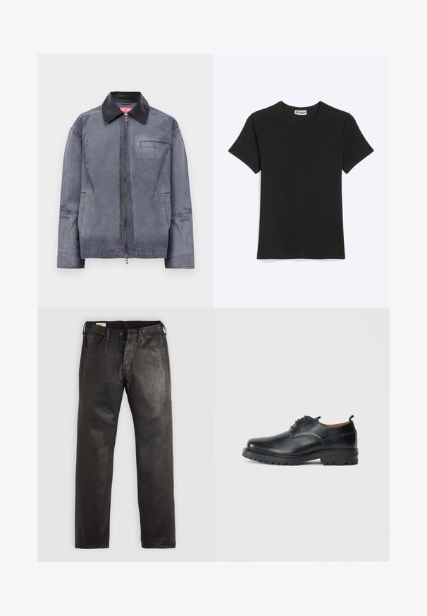 Grijze zip-up jas met zwarte leren kraag, twee zijzakken en een borstzak, gelabeld met een rode Diesel-tag in de kraag.; Effen zwart T-shirt met korte mouwen en een ronde hals met een Weekday-merklabel in de kraag, getoond op een witte achtergrond.; Zwarte spijkerbroeken van denim met een rechte snit, voorzien van een knoop- en ritssluiting, vijf zakken en een zachte textuur.; Zwarte leren derby schoenen met een gladde textuur, ronde neus, vetersluiting en een dikke, robuuste rubberen zool.