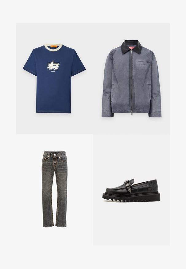 Graue Zip-Jacke mit schwarzem Lederkragen, zwei seitlichen Taschen und einer Brusttasche, versehen mit einem roten Diesel-Label im Kragen.; Marineblaue Baumwoll-T-Shirt mit einem kontrastierenden cremefarbenen Kragen, das ein großes weißes Logo-Design auf der Brust und den Markennamen darunter zeigt.; Schwarze Denim-Jeans mit geradem Bein, die kontrastierende orangefarbene Nähte, fünf Taschen und einen Knopfverschluss an der Taille aufweisen.; Schwarze Leder Slipper mit silbernen Hardware-Akzenten, einer erhöhten Zickzack-Sohle und einem schlanken, runden Design; glatte Textur und glänzende Oberfläche.