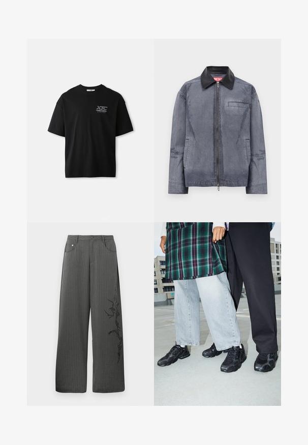 Graue Zip-Jacke mit schwarzem Lederkragen, zwei seitlichen Taschen und einer Brusttasche, versehen mit einem roten Diesel-Label im Kragen.; Schwarzes Kurzarm- Baumwoll-T-Shirt mit Rundhalsausschnitt und einem weißen Logo "XTC VERTERE" auf der linken Brustseite. Glatte Textur.; Weite, anthrazitfarbene Hose mit Nadelstreifen aus dunkelgrauem Stoff, ausgestattet mit Vordertaschen und einem schwarzen Dekordruck auf der linken Seite.; Schwarze Sportschuhe mit Mesh- und Gummielementen. Kombiniert mit hellgrauen weiten Jeans und einem karierten grünen Oberteil. Flacher Hintergrund.
