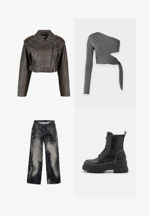 Veste en simili cuir gris, coupée, avec un col cranté, un design double boutonnage, une fermeture éclair à l'avant et une taille ceinturée. Dispose de poches latérales.; Haut gris à manches longues avec un design une épaule, présentant un détail en nœud à la taille et un tissu lisse et extensible.; Jeans évasés en denim noir avec un motif texturé et décoloré, dotés de cinq poches et d'une fermeture à bouton. Tissu lisse avec une finition légèrement brillante.; Bottes de cheville en cuir noir avec une semelle en caoutchouc épaisse, dotées d'un lacet à l'avant, d'une fermeture éclair sur le côté et d'accents en métal argenté.