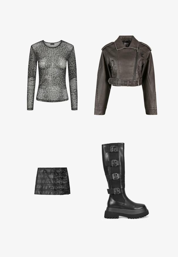 Chaqueta de imitación de piel gris cortada con cuello de muesca, diseño de doble botonadura, cremallera frontal y cintura ceñida con cinturón. Presenta bolsillos laterales.; Blusa de manga larga translúcida en malla gris con un estampado de leopardo. Cuello redondo y corte ajustado. Textura suave y material ligero.; Mini falda de cuero negro con cinco correas horizontales con hebilla en el lado derecho, colocada en plano sobre fondo blanco.; Bosanova Botas camperas - black