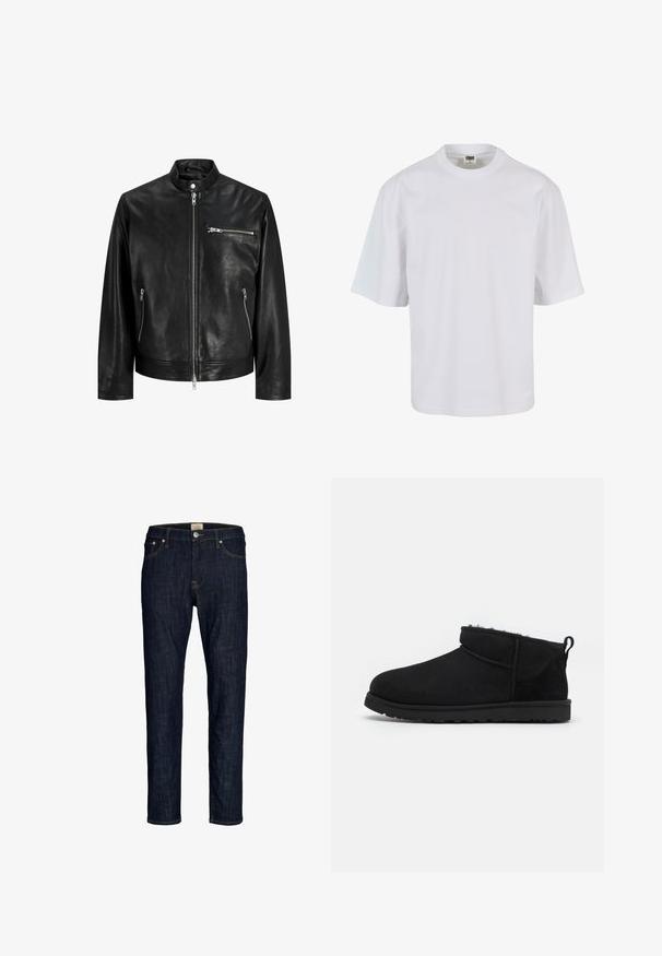 Schwarze Lederjacke mit Frontreißverschluss, hohem Kragen mit Druckknopf und drei Reißverschlusstaschen, gezeigt auf weißem Hintergrund.; Weißes T-Shirt mit kurzen Ärmeln aus Baumwolle. Verfügt über einen Rundhalsausschnitt und einen lockeren Schnitt mit glatter Oberfläche sowie ohne sichtbare Muster oder Grafiken.; Dunkelblaue Jeans aus Denim mit geradem Schnitt, Fünf-Taschen-Design und kontrastierenden gelben Nähten. Verfügt über einen Knopf- und Reißverschluss.; Schwarze Wildleder-Stiefeletten mit einem weichen, strukturierten Innenfutter, einer flachen Gummisohle und einer Zugschlaufe auf der Rückseite für ein einfaches Anziehen.