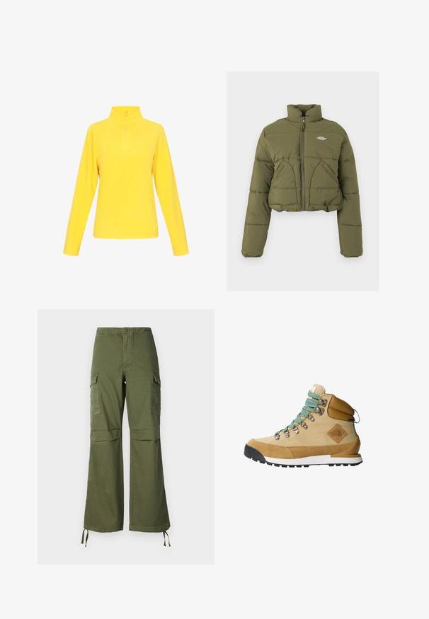 Veste matelassée vert olive raccourcie avec col haut, zip frontal et deux poches avant. Présente une texture matelassée et un logo discret.; Pull jaune avec col montant et demi-fermeture éclair. Fabriqué en tissu doux, il présente des manches longues et une texture lisse sans motifs.; Pantalons cargo en coton vert olive, avec une coupe évasée, deux poches latérales et des liens ajustables à l'ourlet.; Botte de randonnée beige avec un dessus en suède et en toile, lacets turquoise, col rembourré et semelle en caoutchouc noir avec un motif de grip texturé.