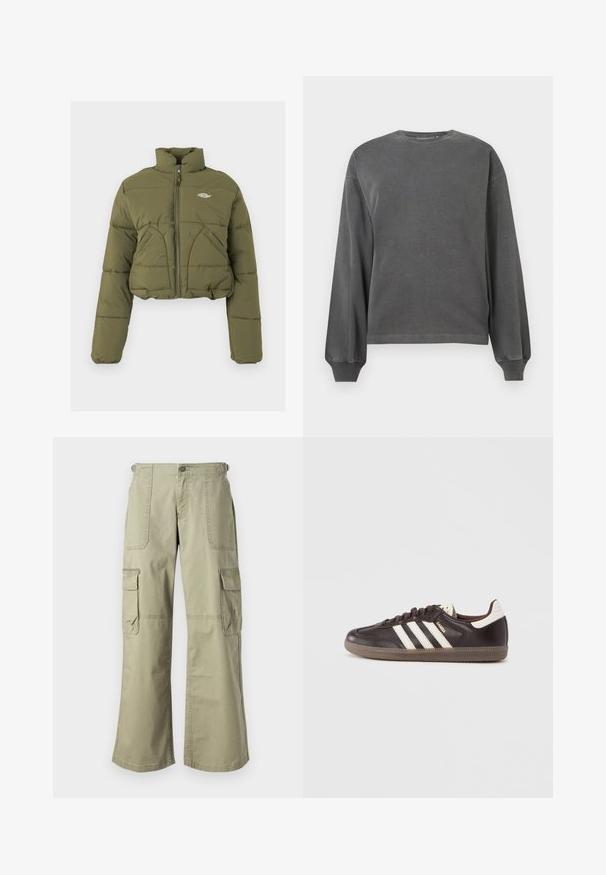 Gekürzte olivgrüne Steppjacke mit hohem Kragen, Frontreißverschluss und zwei Fronttaschen. Verfügt über eine gesteppten Textur und ein dezentes Logodetail.; Grauer Langarm-Sweatshirt mit Rundhalsausschnitt, aus weichem Stoff gefertigt. Mit gerippten Bündchen und entspannter Passform. Minimalistisches Design, ohne Muster.; Khakifarbene Cargo-Hosen mit entspannter Passform, ausgestattet mit zwei Seitentaschen, einem vorderen Knopfverschluss und weiten Beinen. Baumwollstoff mit glatter Textur.; Dunkelbraune Ledersneaker mit weißem Drei-Streifen-Design, einer Gummisohle und dem Schriftzug "Samba" in goldener Schrift an der Seite. Klassische, niedrige Form.