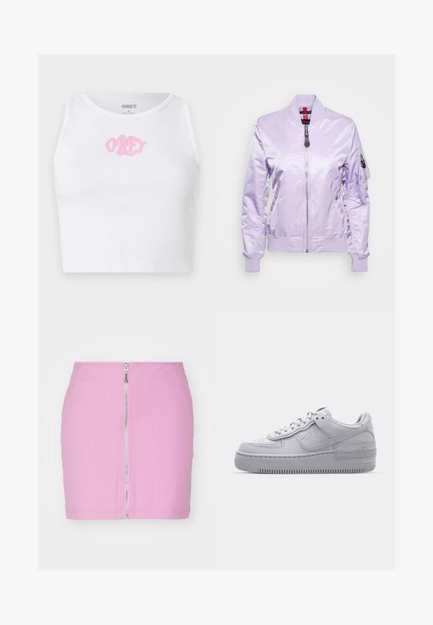 Lilafarbene Bomberjacke aus glänzendem Stoff, mit Reißverschluss vorne, gerippten Bündchen und seitlichen Taschen sowie zusätzlichem Armtaschen-Detail.; Weißes, geripptes Crop-Top mit einem rosa "OBEY"-Logo in der Mitte. Mit rundem Ausschnitt und ärmellosem Design.; Rosa Jeans-Minirock mit einem Reißverschluss vorne, tailliertem Design und einem sauberen Abschluss am Saum. Einfach, einfarbig ohne Muster.; Graue Nike Air Force 1 Sneaker mit perforierter Zehenpartie, Obermaterial aus glattem Leder, dicker Sohle und geprägtem 'AIR'-Detail an der Ferse.