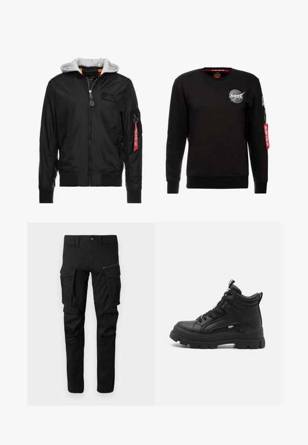 Sort bomberjakke med grå hætte, lynlås foran, ribbede manchetter og kant, samt en sidelomme med et rødt "Remove Before Flight" mærke.; Alpha Industries NASA - Sweatshirt - schwarz; Sorte cargo bukser lavet af slidstærkt stof, med flere sidelommer, en lynlåslomme, tapered ben og forstærkede sømme.; Sorte sneakers støvler lavet af tekstureret læder, med en tyk gummisål, snørebånd foran og en lille logo detalje på siden.