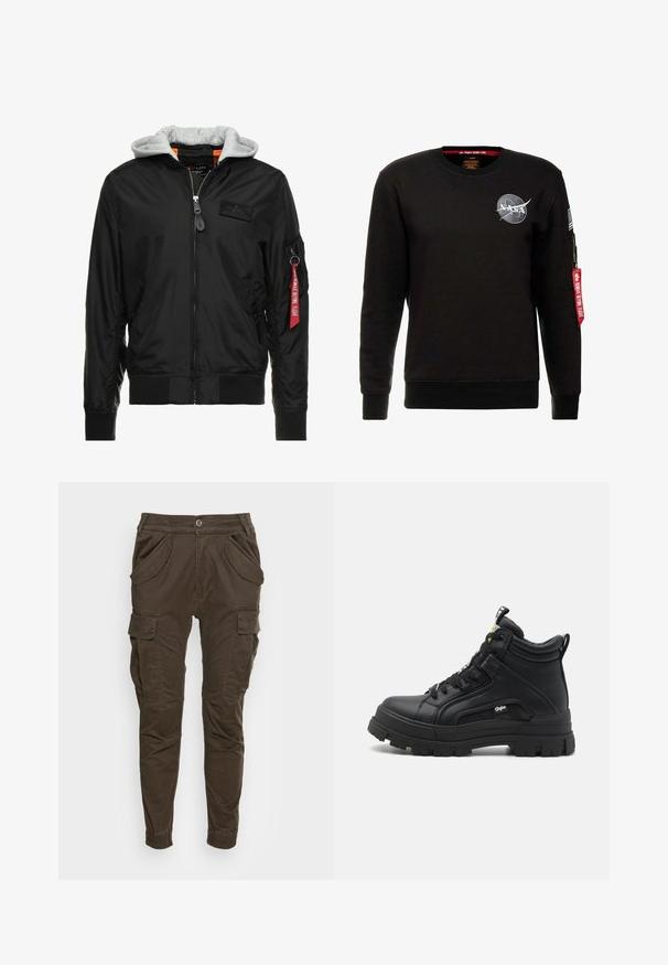 Schwarze Bomberjacke mit grauer Kapuze, Reißverschluss vorne, gerippten Bündchen und Saum sowie einer Seitentasche mit einem roten "Remove Before Flight"-Tag.; Alpha Industries NASA - Sweatshirt - schwarz; Braune Cargo-Hosen mit entspannter Passform. verfügen über einen elastischen Bund, Seitentaschen und tapered Beine mit elastischen Bündchen. Hergestellt aus strapazierfähigem Material.; Schwarze hoch geschnittene Schuhe aus strukturiertem Leder, mit einer dicken Gummisohle, Schnürung vorne und einem kleinen Logodetail an der Seite.