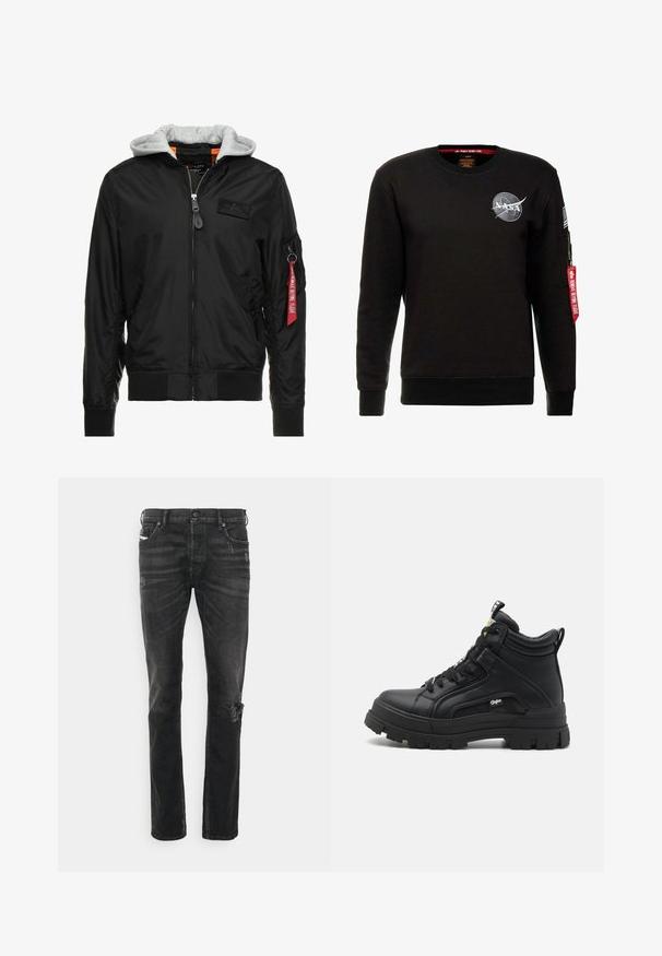 Schwarze Bomberjacke mit grauer Kapuze, Reißverschluss vorne, gerippten Bündchen und Saum sowie einer Seitentasche mit einem roten "Remove Before Flight"-Tag.; Alpha Industries NASA - Sweatshirt - schwarz; Schwarze Denim-Jeans mit geradem Schnitt, versehen mit Abnutzungsspuren am Knie, Fünf-Taschen-Design und subtiler Ausbleichung der Stoffstruktur.; Schwarze hoch geschnittene Schuhe aus strukturiertem Leder, mit einer dicken Gummisohle, Schnürung vorne und einem kleinen Logodetail an der Seite.