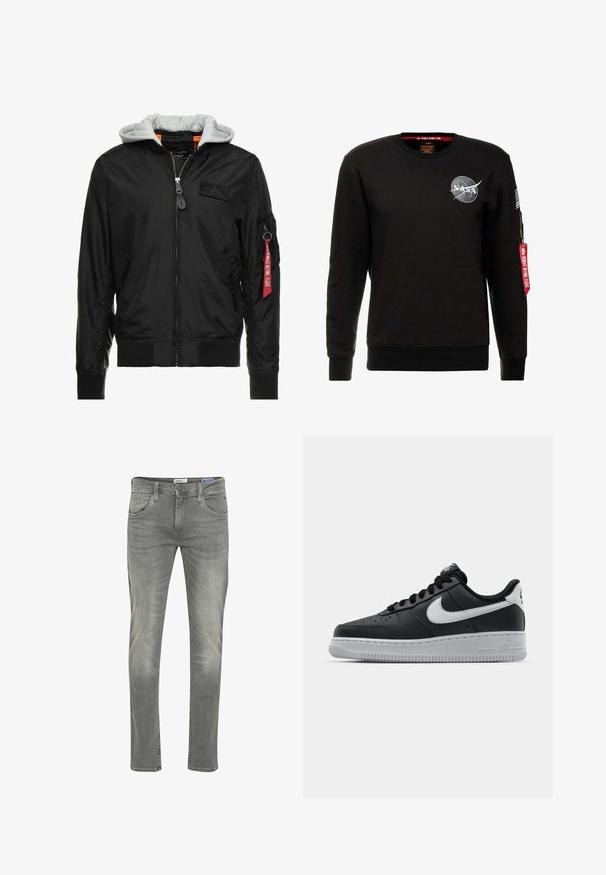 Schwarze Bomberjacke mit grauer Kapuze, Reißverschluss vorne, gerippten Bündchen und Saum sowie einer Seitentasche mit einem roten "Remove Before Flight"-Tag.; Alpha Industries NASA - Sweatshirt - schwarz; Graue Denim-Jeans mit schmaler Passform, Fünf-Taschen-Design, dezentem Used-Look und Reißverschluss mit Knöpfen.; Schwarze Ledersneaker mit strukturierten Oberflächen, weißem Nike-Swoosh, grauer Sohle, runder Zehenpartie und Schnürdesign. Verfügt über Perforationen an der Zehenbox.