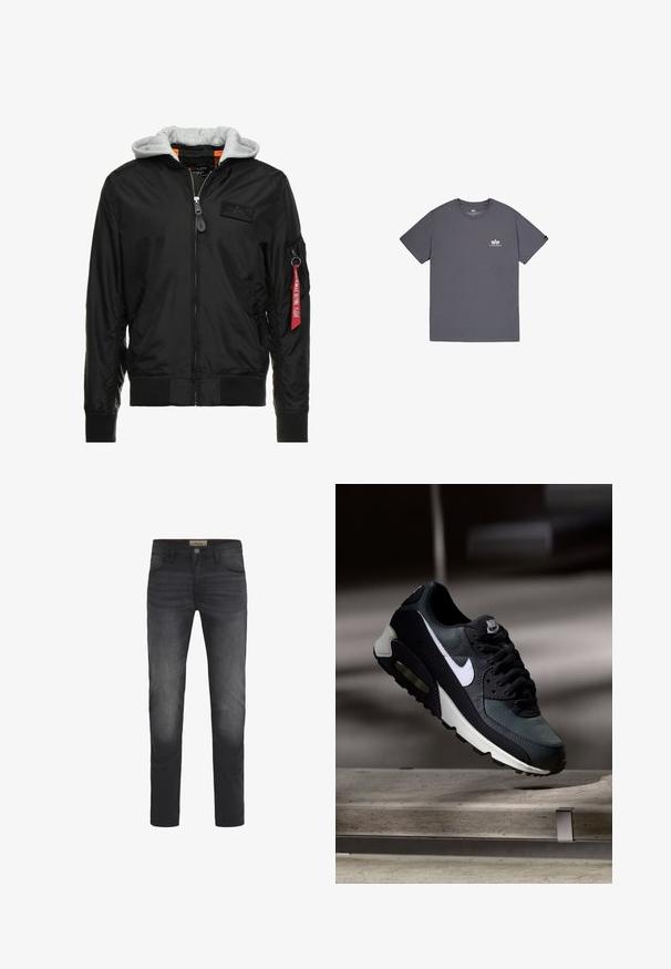 Schwarze Bomberjacke mit grauer Kapuze, Reißverschluss vorne, gerippten Bündchen und Saum sowie einer Seitentasche mit einem roten "Remove Before Flight"-Tag.; Graues Baumwoll-T-Shirt mit kurzen Ärmeln, rundem Ausschnitt und einem kleinen Logo auf der Brust. Glatte Textur, lässige Passform.; Dunkelblaue Jeans mit Slim-Fit-Schnitt, Knopfverschluss, fünf Taschen und einem leichten Ausbleichungseffekt an den Oberschenkeln.; Schwarzer und grauer Nike Air Max Sneaker mit weißem Swoosh, schwebend über einer Betonfläche vor einem verschwommenen dunklen Hintergrund.