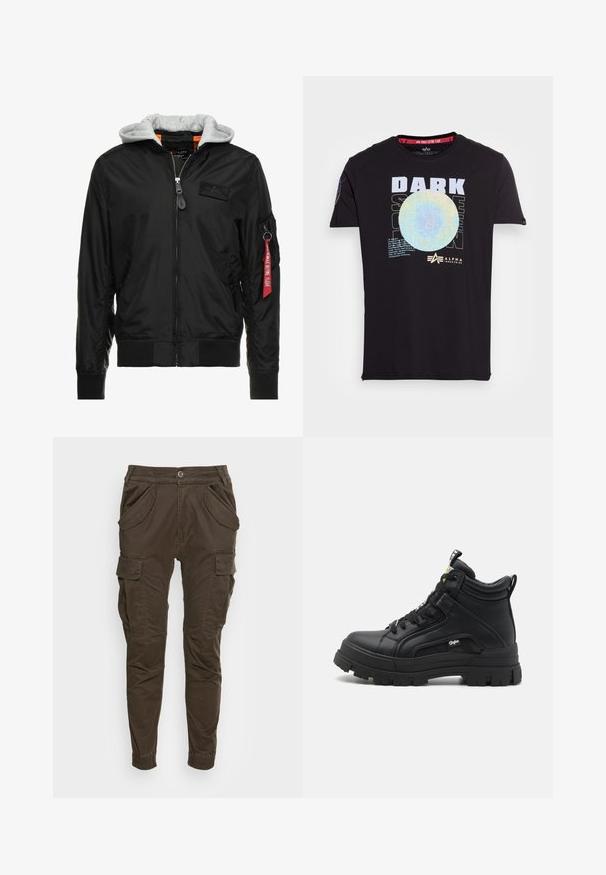 Sort bomberjakke med grå hætte, lynlås foran, ribbede manchetter og kant, samt en sidelomme med et rødt "Remove Before Flight" mærke.; Sort bomulds T-shirt med fed hvid tekst "DARK SIDE OF THE MOON" og et farverigt cirkulært design. Korte ærmer og rund hals.; Brune cargo bukser med afslappet pasform. Har elastisk talje, sidelommer og taperede ben med elastiske manchetter. Fremstillet af slidstærkt stof.; Sorte sneakers støvler lavet af tekstureret læder, med en tyk gummisål, snørebånd foran og en lille logo detalje på siden.