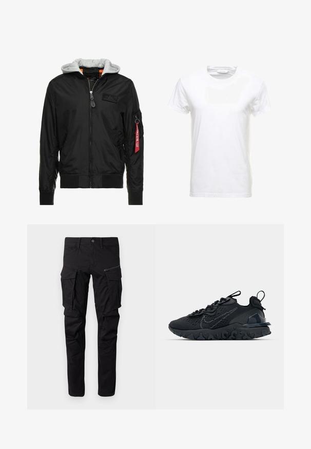 Sort bomberjakke med grå hætte, lynlås foran, ribbede manchetter og kant, samt en sidelomme med et rødt "Remove Before Flight" mærke.; Hvid bomulds T-shirt med korte ærmer, rund halsdesign og en glat tekstur. Etiket synlig ved halsudskæringen. Enkel og klassisk stil.; Sorte cargo bukser lavet af slidstærkt stof, med flere sidelommer, en lynlåslomme, tapered ben og forstærkede sømme.; Sort atletisk sko med en åndbar mesh-overdel, teksturerede detaljer og en bølget gummisål. Har reflekterende logo og snørresystem.