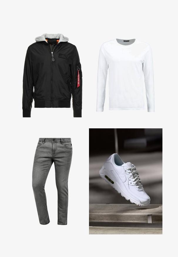 Veste bomber noire avec une capuche grise, fermeture éclair sur le devant, poignets et ourlet côtelés, et une poche latérale ornée d'une étiquette rouge "Retirer avant le vol".; T-shirt blanc à manches longues en coton, avec un col rond et une texture lisse. Sans motifs ni accents. Design simple.; Jean en denim gris avec une coupe slim, comportant cinq poches, une fermeture à bouton et des détails de couture subtils. Texture douce et design épuré.; Baskets blanches en cuir avec des surfaces texturées, un col rembourré et un amorti d'air visible dans la semelle. Elles possèdent des lacets et un design minimaliste.