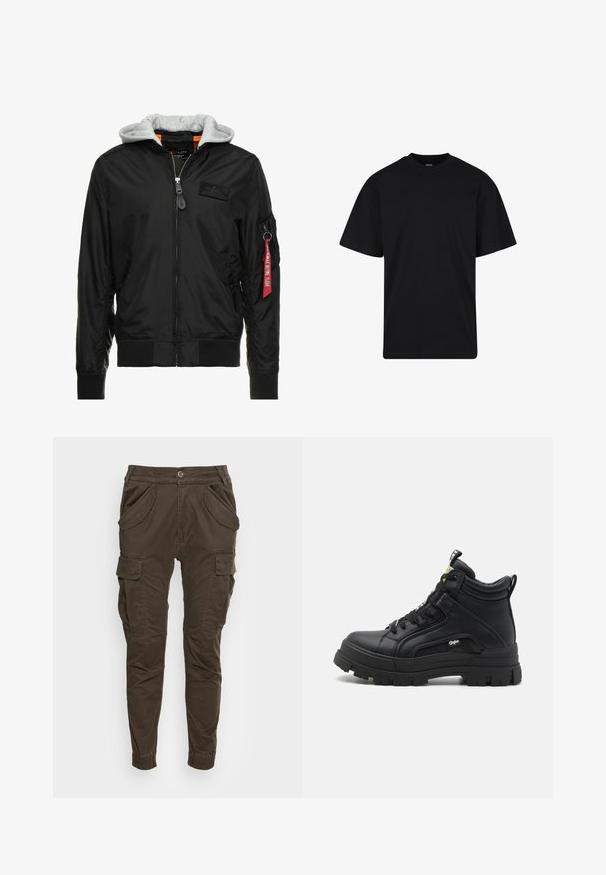 Zwarte bomberjack met een grijze capuchon, ritssluiting aan de voorkant, geribde manchetten en zoom, en een zijzak met een rode "Verwijder voor vertrek" label.; Zwarte T-shirt met korte mouwen en ronde hals, een ontspannen pasvorm, eenvoudig ontwerp zonder zichtbare logo's of patronen.; Bruine cargobroek met een relaxed fit. Voorzien van een elastische tailleband, zijzakken en taps toelopende broekspijpen met elastische boorden. Gemaakt van duurzame stof.; Zwarte hoge schoenen van gestructureerd leer, met een dikke rubberen zool, vetersluiting aan de voorkant en een klein logo detail aan de zijkant.