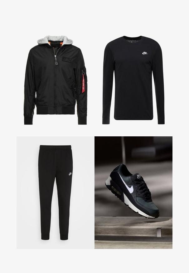 Schwarze Bomberjacke mit grauer Kapuze, Reißverschluss vorne, gerippten Bündchen und Saum sowie einer Seitentasche mit einem roten "Remove Before Flight"-Tag.; Schwarzes Langarm-T-Shirt aus Baumwolle, mit Rundhalsausschnitt, gerippten Bündchen und kleinem weißen Nike-Logo auf der Brust.; Schwarze Sweatpants aus weichem Stoff, ausgestattet mit einem elastischen Bund und eng anliegenden Bündchen, mit einem kleinen weißen Nike-Logo auf dem linken Oberschenkel.; Schwarzer und grauer Nike Air Max Sneaker mit weißem Swoosh, schwebend über einer Betonfläche vor einem verschwommenen dunklen Hintergrund.
