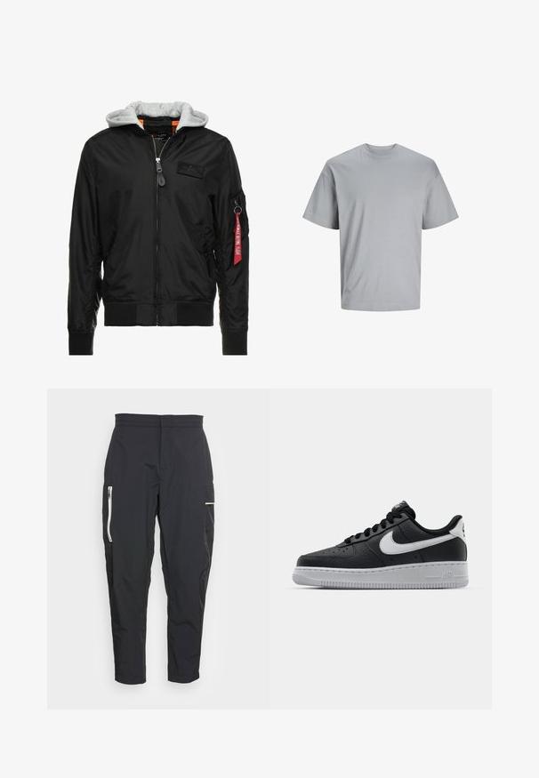 Veste bomber noire avec une capuche grise, fermeture éclair sur le devant, poignets et ourlet côtelés, et une poche latérale ornée d'une étiquette rouge "Retirer avant le vol".; T-shirt gris clair à manches courtes en tissu coton doux, avec un col rond et une coupe décontractée, sans motifs ni logos visibles.; Pantalons cargo noirs en tissu léger. Les caractéristiques incluent des poches latérales zippées et un accent texturé sur la cuisse. Coupe ajustée.; Baskets en cuir noir avec surface texturée, swoosh Nike blanc, semelle grise, bout rond et design à lacets. Comprend des perforations sur la boîte à orteils.