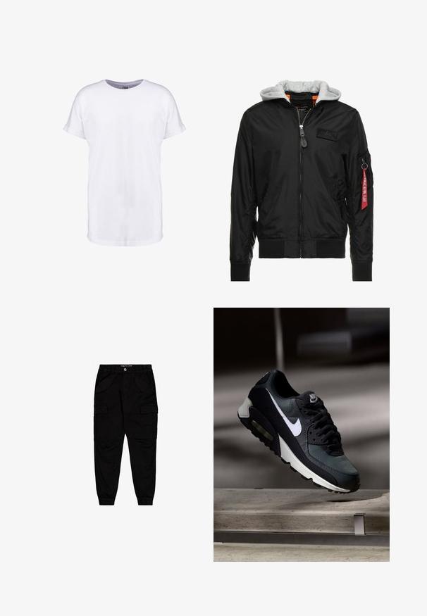 Zwarte bomberjack met een grijze capuchon, ritssluiting aan de voorkant, geribde manchetten en zoom, en een zijzak met een rode "Verwijder voor vertrek" label.; Witte katoenen t-shirt met korte mouwen, ronde halslijn en een comfortabele pasvorm. Glad textuur en geen zichtbare patronen of ontwerpen.; Zwarte cargobroek van katoen, met twee vozakken en twee zijcargozakken, voorzien van elastische boorden en een elastische tailleband.; Zwart-grijze Nike Air Max sneaker met witte swoosh, zwevend boven een betonnen oppervlak tegen een wazige donkere achtergrond.