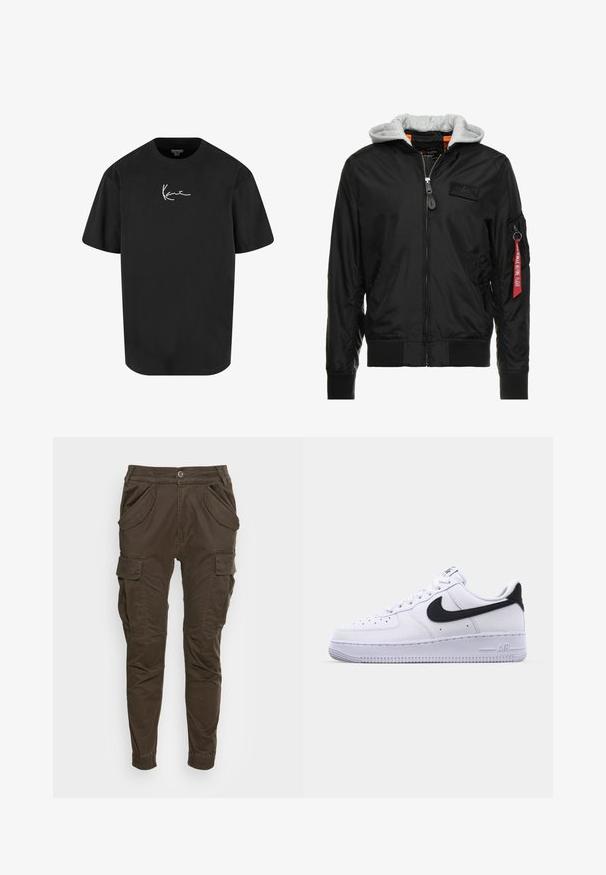 Schwarze Bomberjacke mit grauer Kapuze, Reißverschluss vorne, gerippten Bündchen und Saum sowie einer Seitentasche mit einem roten "Remove Before Flight"-Tag.; Schwarzes Baumwoll-T-Shirt mit kurzen Ärmeln, Rundhalsausschnitt und einem weißen Signaturlogo, das auf der Vorderseite gedruckt ist. Glatte Textur und lässige Passform.; Braune Cargo-Hosen mit entspannter Passform. verfügen über einen elastischen Bund, Seitentaschen und tapered Beine mit elastischen Bündchen. Hergestellt aus strapazierfähigem Material.; Weißes Leder-Sneaker mit einem strukturierten schwarzen Swoosh, flachen Schnürsenkeln und einer Gummisohle mit genoppetem Muster. "AIR" ist auf der Ferse eingeprägt.