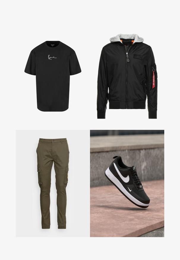 Zwarte bomberjack met een grijze capuchon, ritssluiting aan de voorkant, geribde manchetten en zoom, en een zijzak met een rode "Verwijder voor vertrek" label.; Zwarte katoenen t-shirt met korte mouwen, ronde hals en een witte handtekeninglogo gedrukt op de voorkant. Soepele textuur en een ontspannen pasvorm.; Olijfgroene cargobroek van katoen, met zijzakken, een slim fit en omgeslagen broekspijpen. Rechte voorkant met een knoopsluiting.; Zwart-witte Nike Air Force 1 sneaker zwevend boven een roze betonnen oppervlak met een achtergrond van grijze stenen.