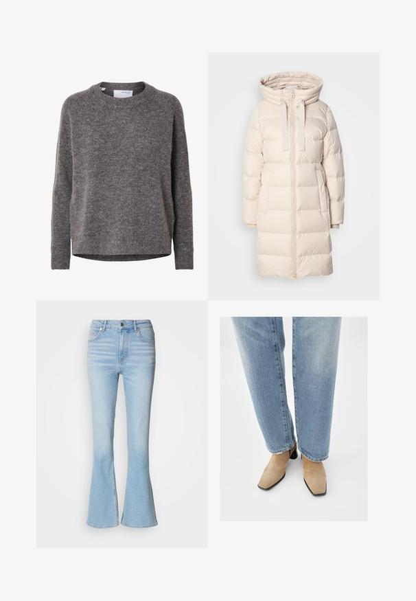 Lys beige pufferjakke med hætte, der har lynlåslukning, sidelommer og vandrette quiltede sektioner til isolering.; Langærmet grå uldsweater til kvinder med rund hals, ribstrikkede manchetter og kant, mærket Selected Femme.; Lyseblå vide jeans lavet af denim med høj talje, prydet med subtil falming og en standard lynlås-lukning.; Beige ruskindsankelstøvler med spids tå og lav sort blokhæl, båret med lyseblå bukser med lige ben.