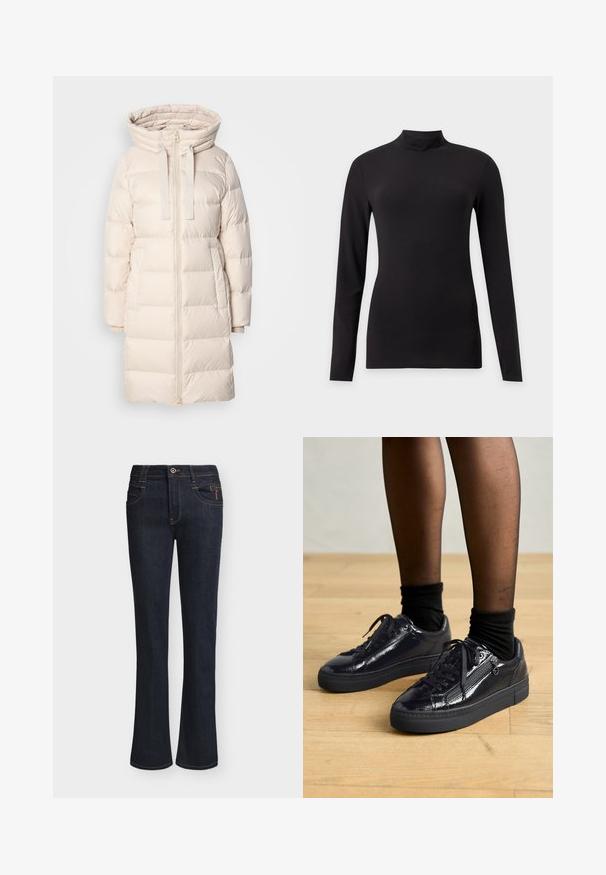 Hellbeige Daunenjacke mit Kapuze, ausgestattet mit einem Reißverschluss, Seitentaschen und horizontalen Steppbereichen zur Isolierung.; Schwarzes, enganliegendes Langarmshirt mit Stehkragen, gezeigt vor einfachem hellgrauem Hintergrund.; Dunkelblaue Jeans aus Denim mit leicht ausgestellten Hosenbeinen, Vorderknopf- und Reißverschluss, Vorderentaschen und sichtbaren Nahtdetails.; Schwarze Lackledersneaker mit Schnürverschluss, strukturiertem Obermaterial und gepolsterter Sohle. Getragen mit schwarzen Knöchelsocken. Flaches, rundes Zehendesign.