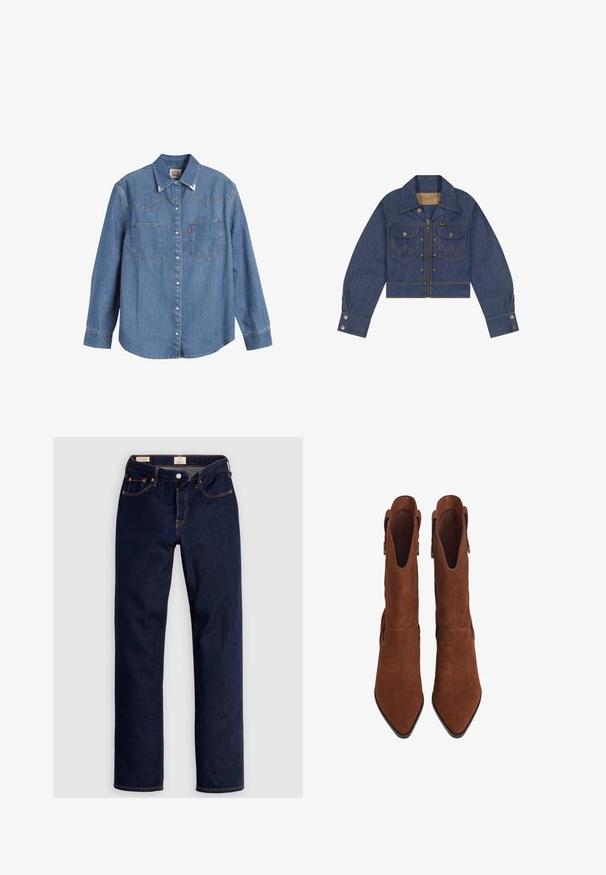Spijkerjasje met ritssluiting aan de voorkant, twee borstzakken met klep en knopen, knoopmanchetten en contrasterende stiksels die een W-patroon vormen op de zakken.; Lichtblauwe denim overhemden met lange mouwen, puntige kraag, twee borstzakken en contrasterende stiksels. Heeft een westers stijl yoke ontwerp.; Donkerblauwe jeans met rechte pijpen, oranje stiksels, vijf zakken en knoopsluiting, plat neergelegd op een lichte achtergrond.; Een paar bruin suède enkellaarsjes met puntige neuzen en lage hakken, zijhandvatten en een gladde voering, weergegeven van bovenaf op een witte achtergrond.