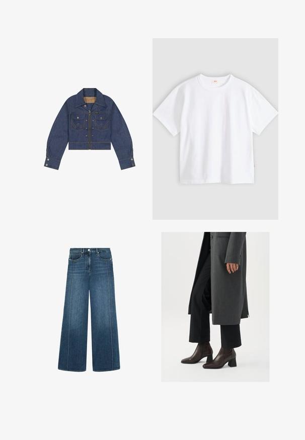 Jeansjacke mit vordem Reißverschluss, zwei Brustklappentaschen mit Knöpfen, geknöpfte Manschetten und kontrastierende Nähte, die ein W-Muster auf den Taschen bilden.; Weißes Baumwoll-T-Shirt mit kurzen Ärmeln, rundem Ausschnitt, lockerer Passform, glatter Textur und einem kleinen Logetikett an der linken Seitennaht.; Weite Jeans in dunkelblauem Denim mit kontrastierendem weißen Stich, Fünf-Taschen-Design und Knopfverschluss an der Taille.; Dunkelbraune Leder-Ankel-Boots mit Absatz, spitz zulaufender Zehenpartie und Blockabsatz, kombiniert mit schwarzen Hosen und einem grauen Mantel.