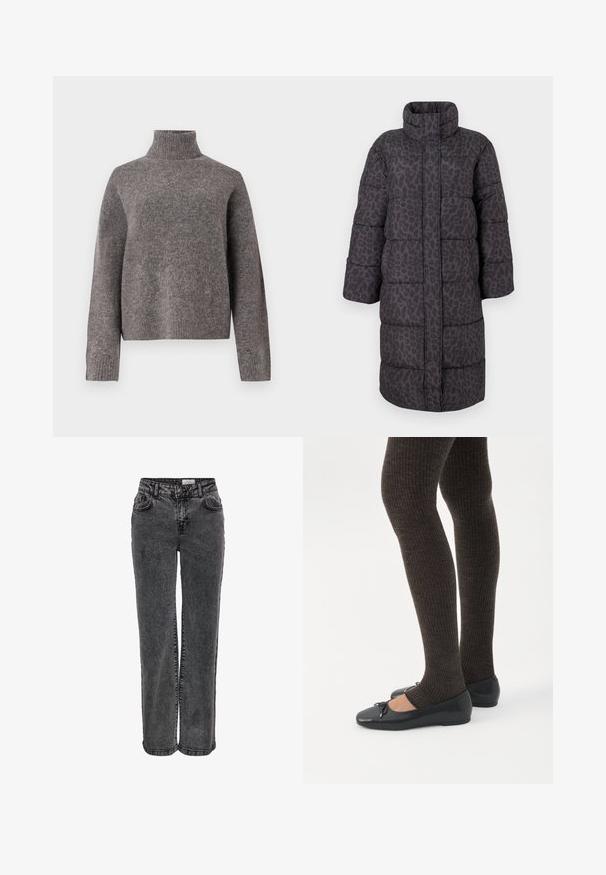 Sort og grå leopardprint pufferjakke med høj krave, lange ærmer og quiltet design, der har en lige snit og knælang pasform.; Grå turtleneck sweater lavet af blødt strikket materiale, med lange ærmer og en afslappet pasform, samt ribbet tekstur ved manchetten og kanten.; Sorte denimjeans med lige ben, der har forlommer, bæltestropper og en subtil, falmet tekstur.; Ben iført mørke ribbede leggings kombineret med sorte balletsko med små sløjfedetaljer på hvid baggrund.