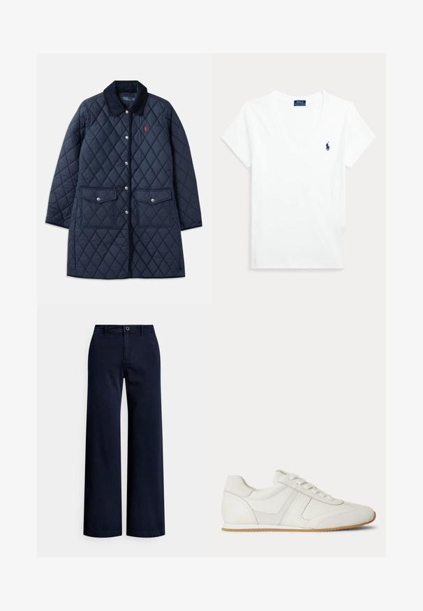 Marineblå quiltet jakke med diamantmønster, kordfløjlskrage, trykknapper, to forlommer og et lille rødt logo på venstre bryst.; Hvid T-shirt med korte ærmer og V-hals med lille marineblåt Polo Ralph Lauren-logo på venstre bryst.; Navyblå bukser med vide ben lavet af bomuld, med knaplukning foran, bæltestropper og en glat, tekstureret overflade.; Hvid lavtop sneaker med snørelukning foran, ruskind- og læderpaneler og en lysebrun gummisål på en hvid baggrund.