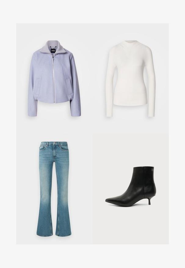 Ανοιχτό μωβ cropped μπουφάν φτιαγμένο από μαλακό ύφασμα, με ψηλό γιακά, κλείσιμο με φερμουάρ και δύο μπροστινές τσέπες με καθαρή σχεδίαση.; Λευκή μπλούζα με μακριά μανίκια, ψηλό λαιμό, ριγέ υφή και εφαρμοστή σχεδίαση. Διαθέτει απλή εμφάνιση και μια διακριτική V-σχήμα μπροστά.; Σατέν τζιν με ανοιχτό μπλε χρώμα, φαρδύς σχεδιασμός, πέντε τσέπες, ραμμένα διακοσμητικά σχέδια και ζώνη με κουμπί και φερμουάρ.; Μαύρο δερμάτινο μποτάκι γύρω από τον αστράγαλο με μυτερή μύτη και χαμηλό τακούνι σε ανοιχτό φόντο, εμφανίζει την εξωτερική πλευρά.
