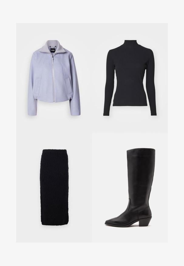 Lys lila cropped jakke lavet af blød stof, med høj krave, lynlåslukning og to frontlommer med et rent design.; Sort ribbet turtle-sweater med lange ærmer. Lavet af strækbart stof med en tætsiddende pasform og høj krave. Enkel design uden udsmykninger.; Sort, knælang strikket nederdel med en tekstureret overflade og lige snit. Taljen er elastisk for komfort.; Sort læderstøvle til midtkalv med spids tå og lavt skråt hæl på en enkel lys baggrund.