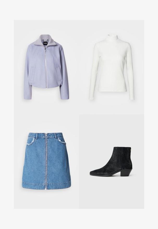 Lys lila cropped jakke lavet af blød stof, med høj krave, lynlåslukning og to frontlommer med et rent design.; Hvid ribbet turtleneck blouse med lange ærmer, lavet af elastisk stof. Har et tætsiddende design og høj hals for god dækning.; Lyseblå denim nederdel med en frontlynlås, flosset kant på lommerne og lige snit design. Kantlinjen er let buet.; Sort ankelstøvle med spidse tæer, tekstureret håragtigt materiale, ribbet sidepanel og en lav, firkantet hæl. Simpelt og moderne design.
