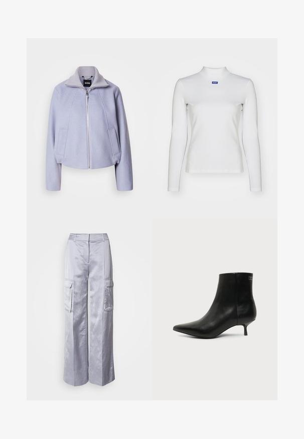 Lys lila cropped jakke lavet af blød stof, med høj krave, lynlåslukning og to frontlommer med et rent design.; Hvid langærmet turtleneck-top lavet af strækstof, med en tætsiddende design og et lille blåt logo på brystet.; Lysegrå bred-leg cargo bukser lavet af glat stof, med sidelommer, skræddersyet talje og uden synlige hængsler eller lynlåse.; Sort læder ankelstøvle med spids tå og lav kitten hæl på lys baggrund, der viser yderside.